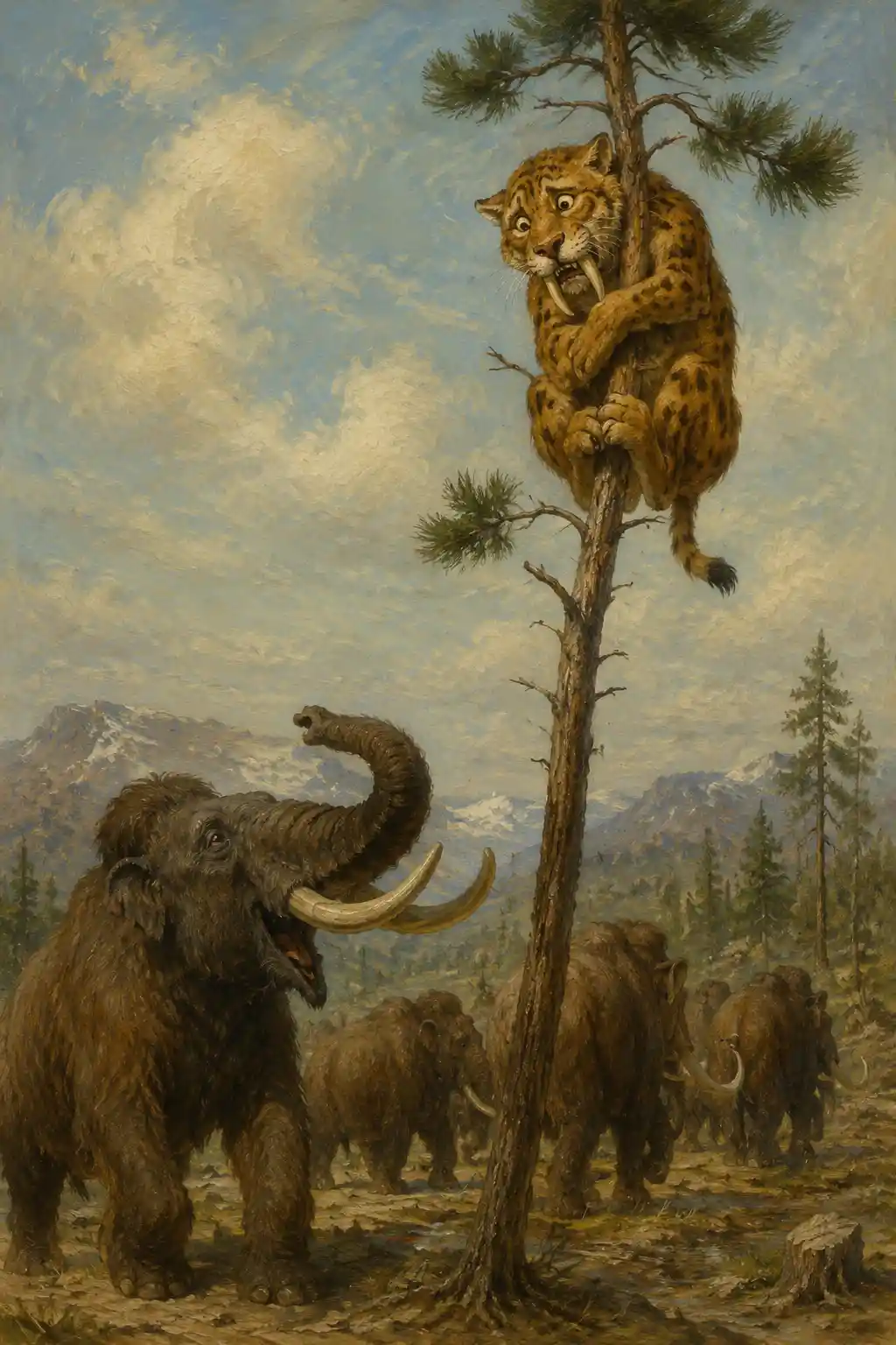 Embarrassed Smilodon Clinging To A Thin Prehistoric Pine Tree