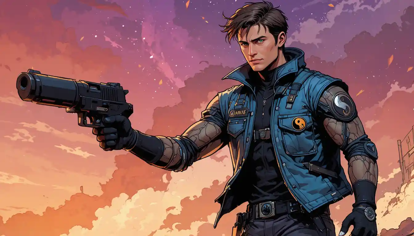 Rogue space pilot hero in tactical vest and gloves