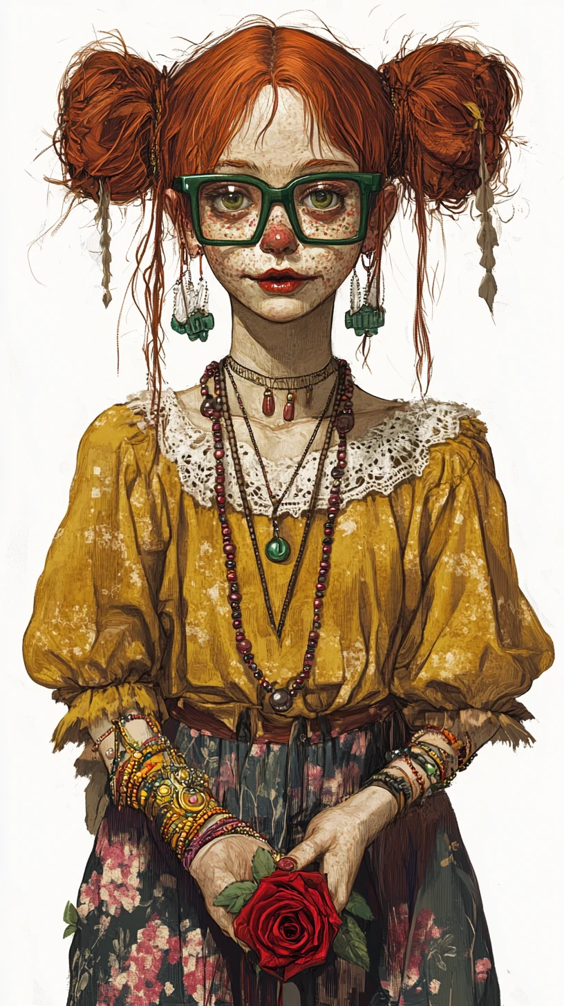 Grotesque freckled girl caricature with rose and pigtails