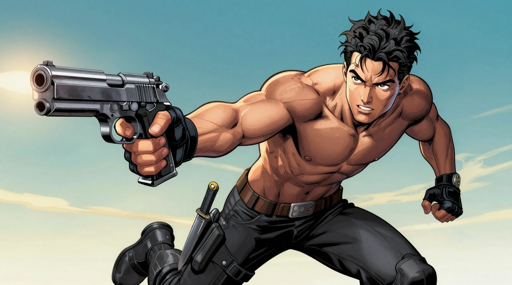 Young rogue hero with laser pistol and tactical gloves