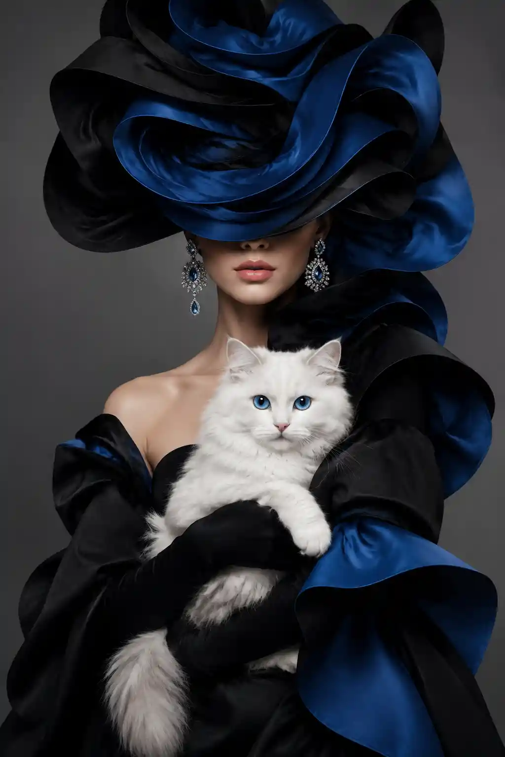 Glamorous woman with ribbon hair holding white cat