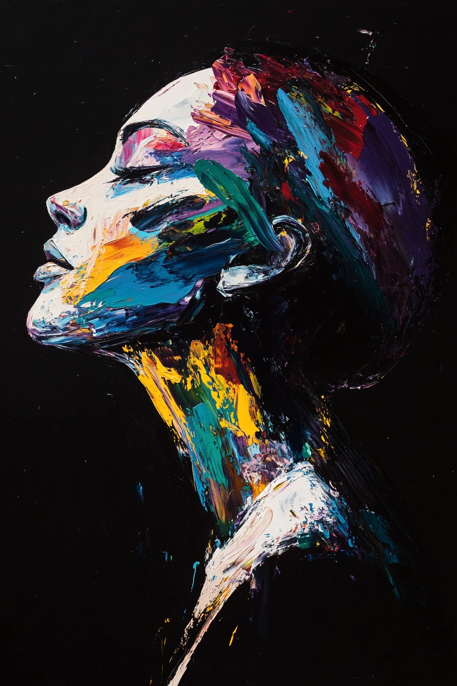 Abstract impasto portrait of a woman in profile