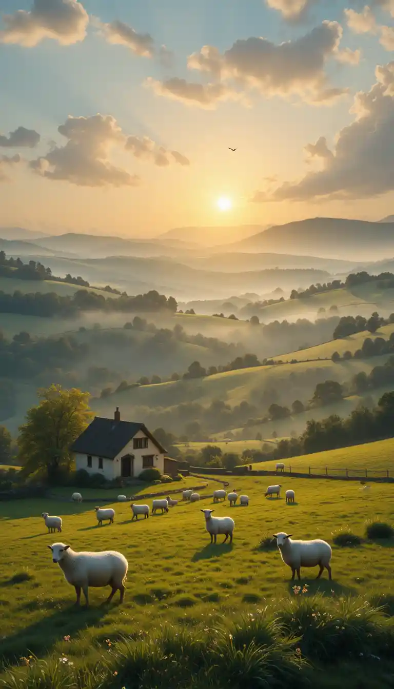 Sunrise over a tranquil countryside cottage with grazing sheep