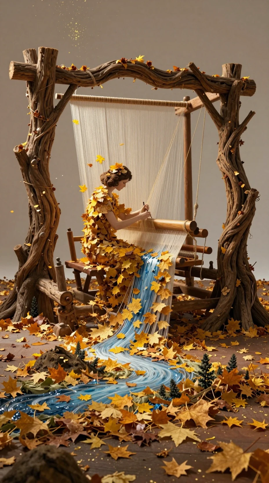 Figura surreal que teje un tapiz vivo de elementos otoñales