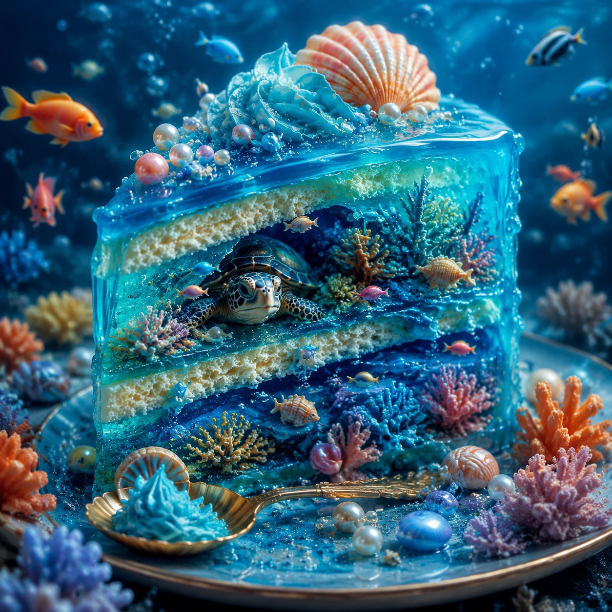 Pastel Submarino Surrealista con Tortuga y Peces de Colores