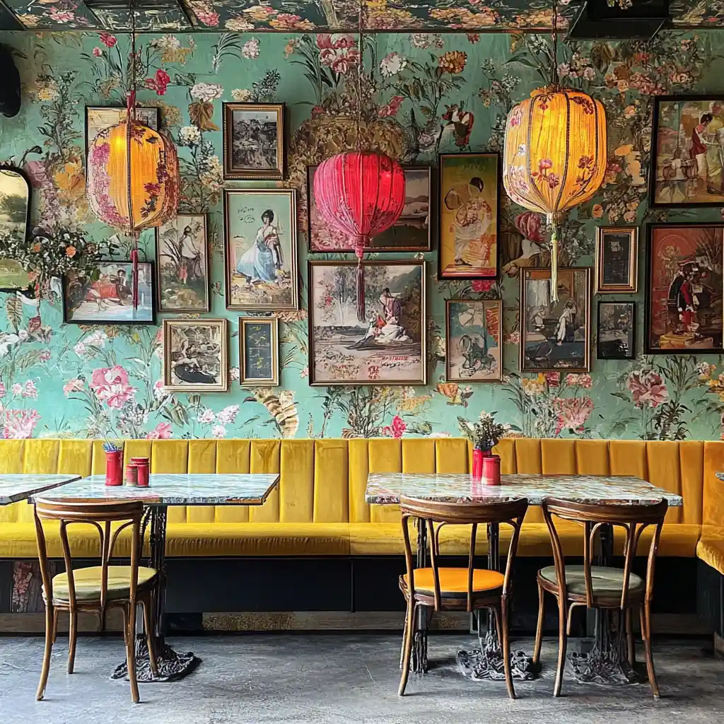Colorful chinoiserie wall filled with charming framed art