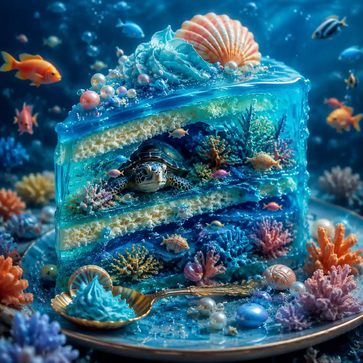 Torta Subacquea Surreale con Tartaruga e Pesci Colorati