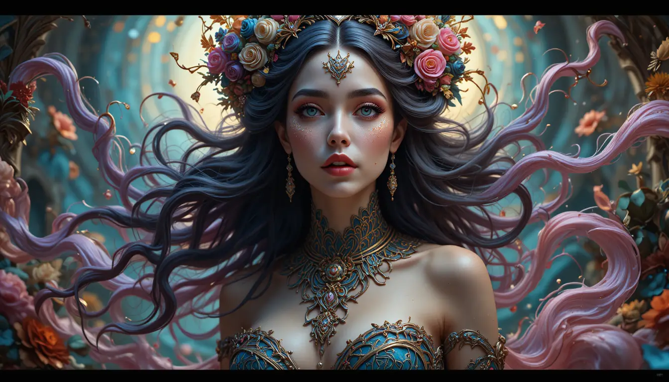 Enchanting fantasy woman emerging from a vibrant surreal realm