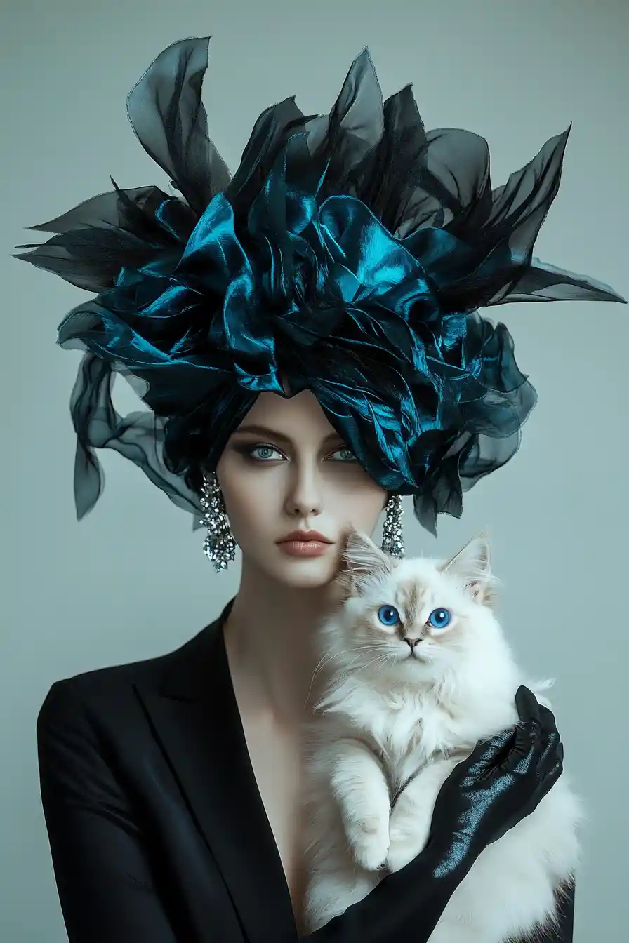 Surreal woman with sculpted blue hair holding white cat