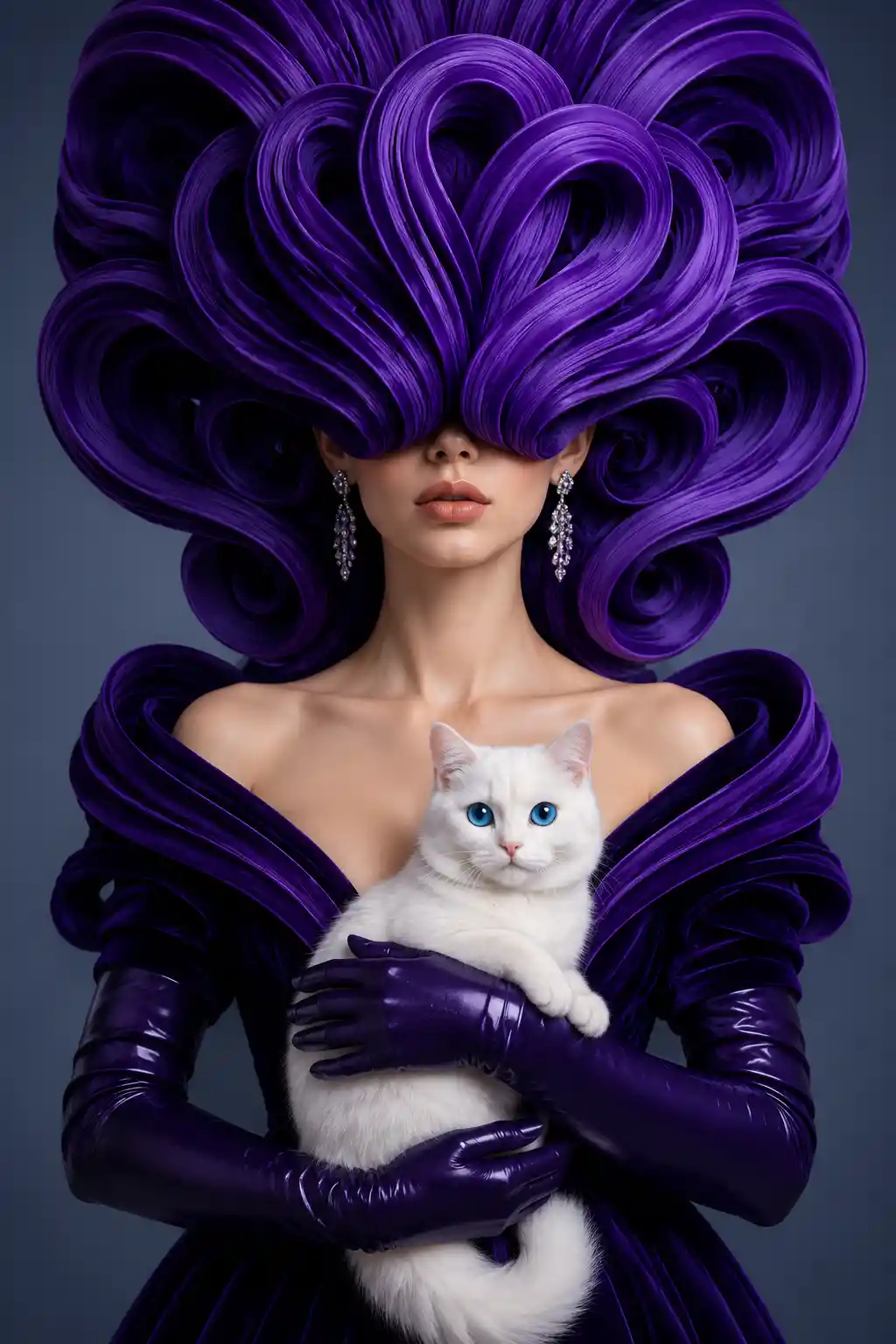 Surreal violet haired woman holding a white cat