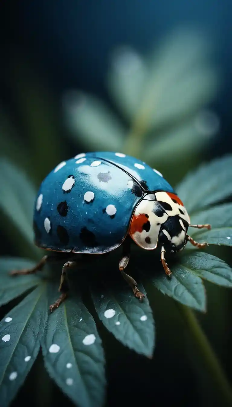 Photorealistic collage of a blue ladybug with white dots