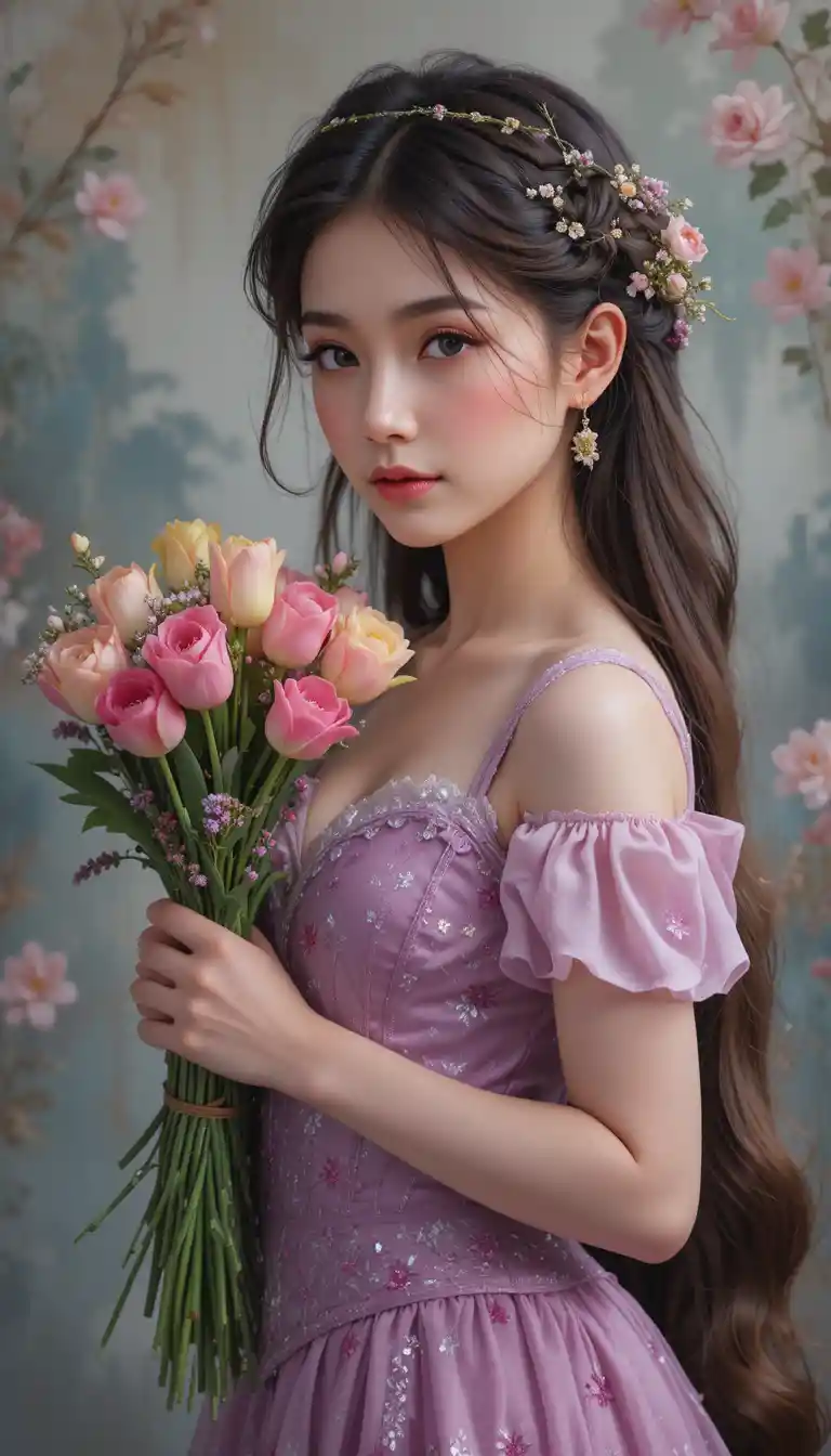 Beautiful brunette girl holding tulips and narcissi bouquet