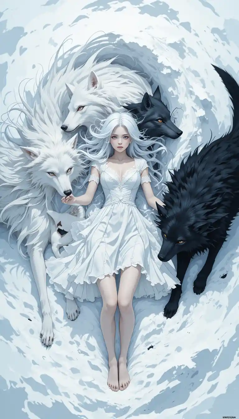 Anime girl lying in snow with white and black wolves
