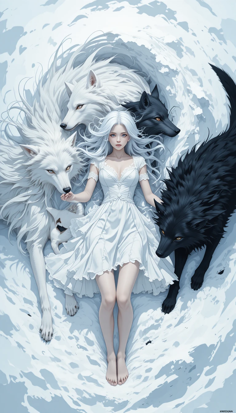 Anime girl lying in snow with white and black wolves