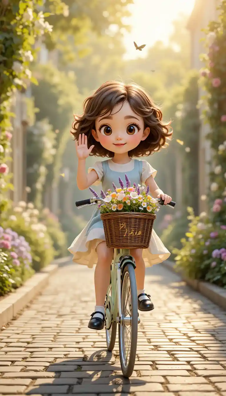 Little girl cycling along a sunlit cobblestone alley