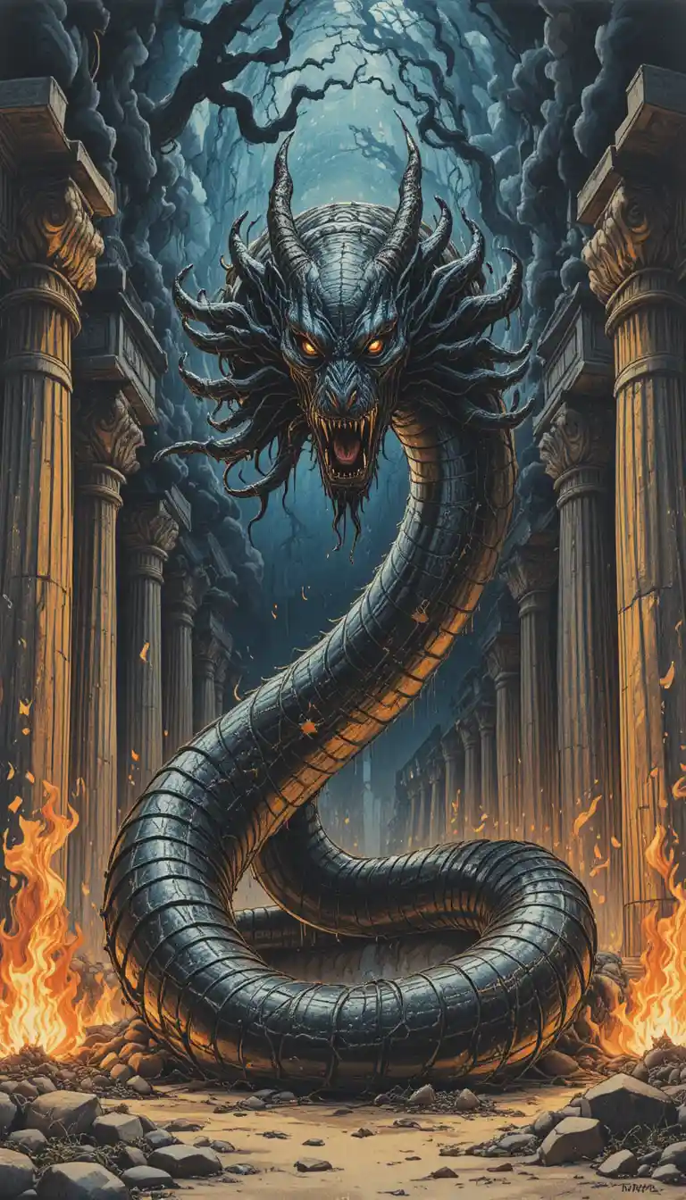 Colossal Egyptian serpent of darkness before ancient columns