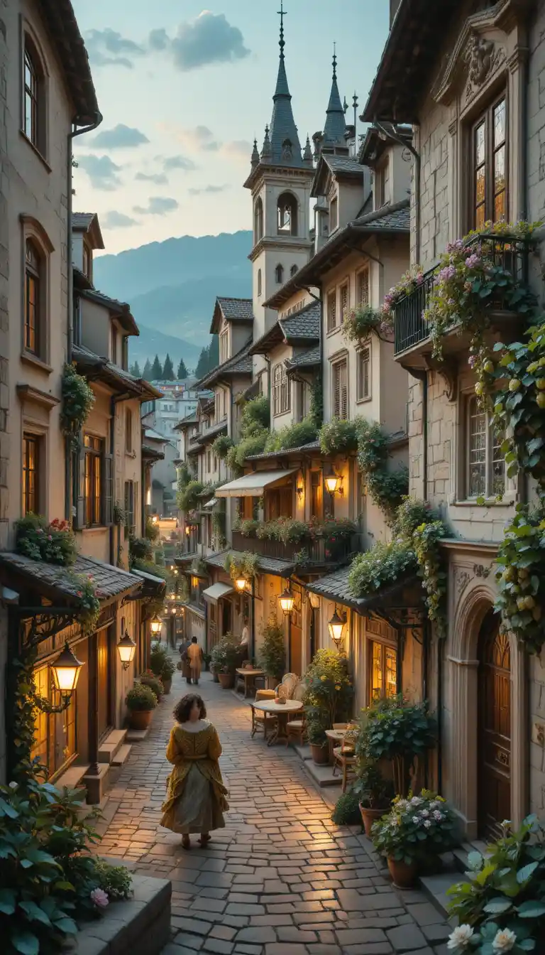 Cozy fairytale fantasy city with ornate evening streets