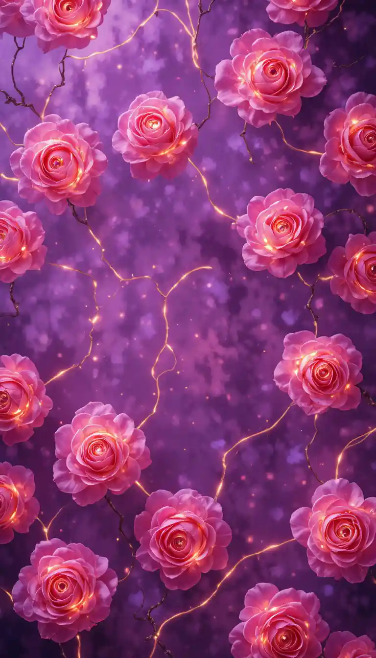 Neon golden outlines of pink roses on purple background