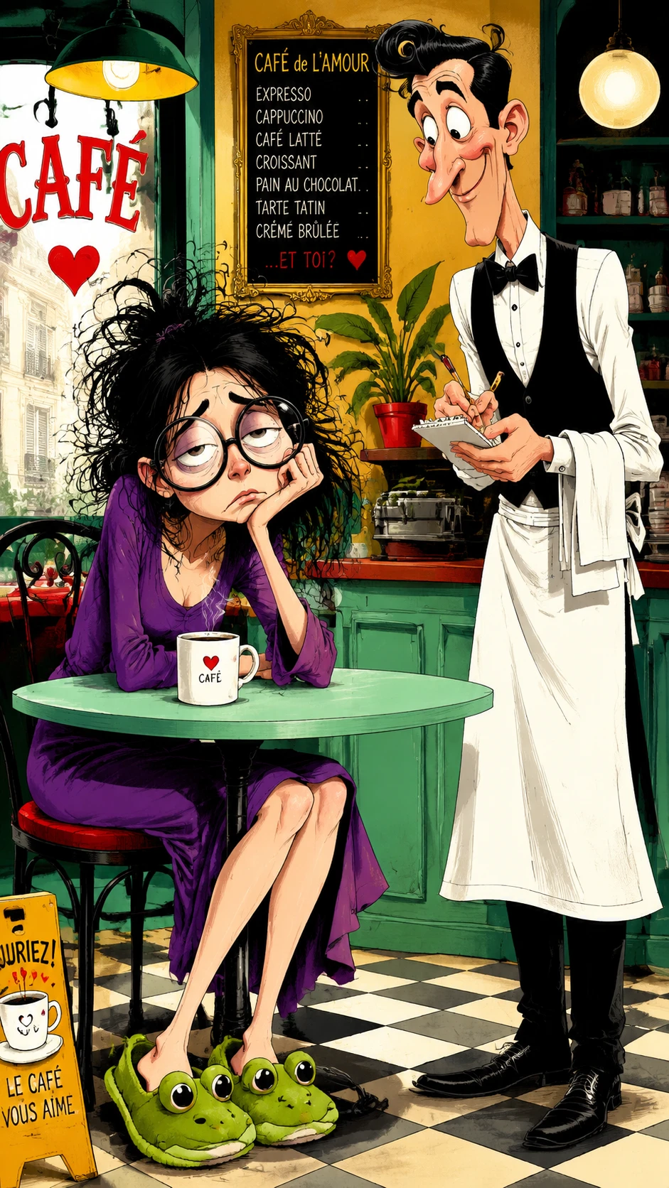 Tired woman in cafe with cheerful waiter cartoon scene