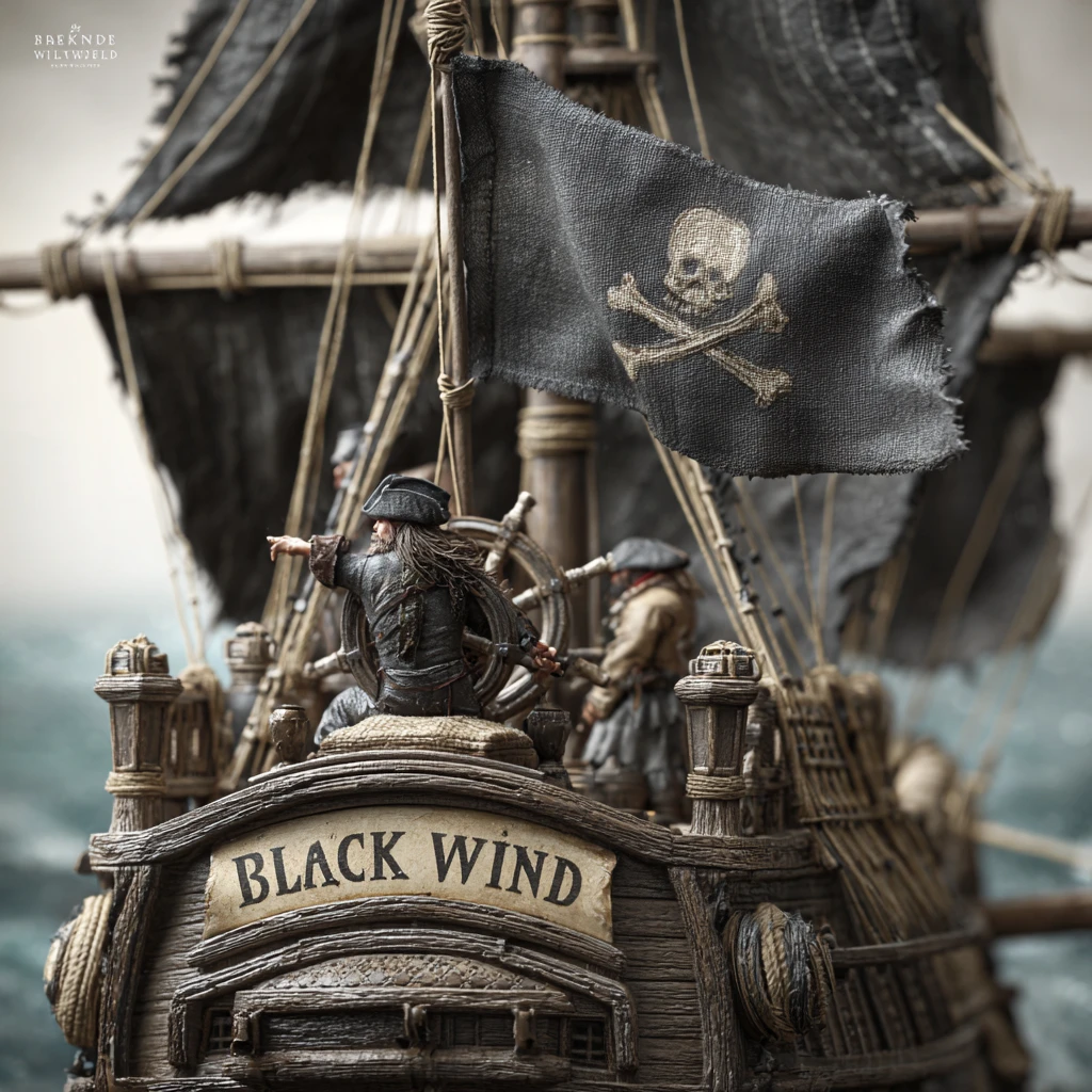 Pirate ship with black sails and captain at the wheel