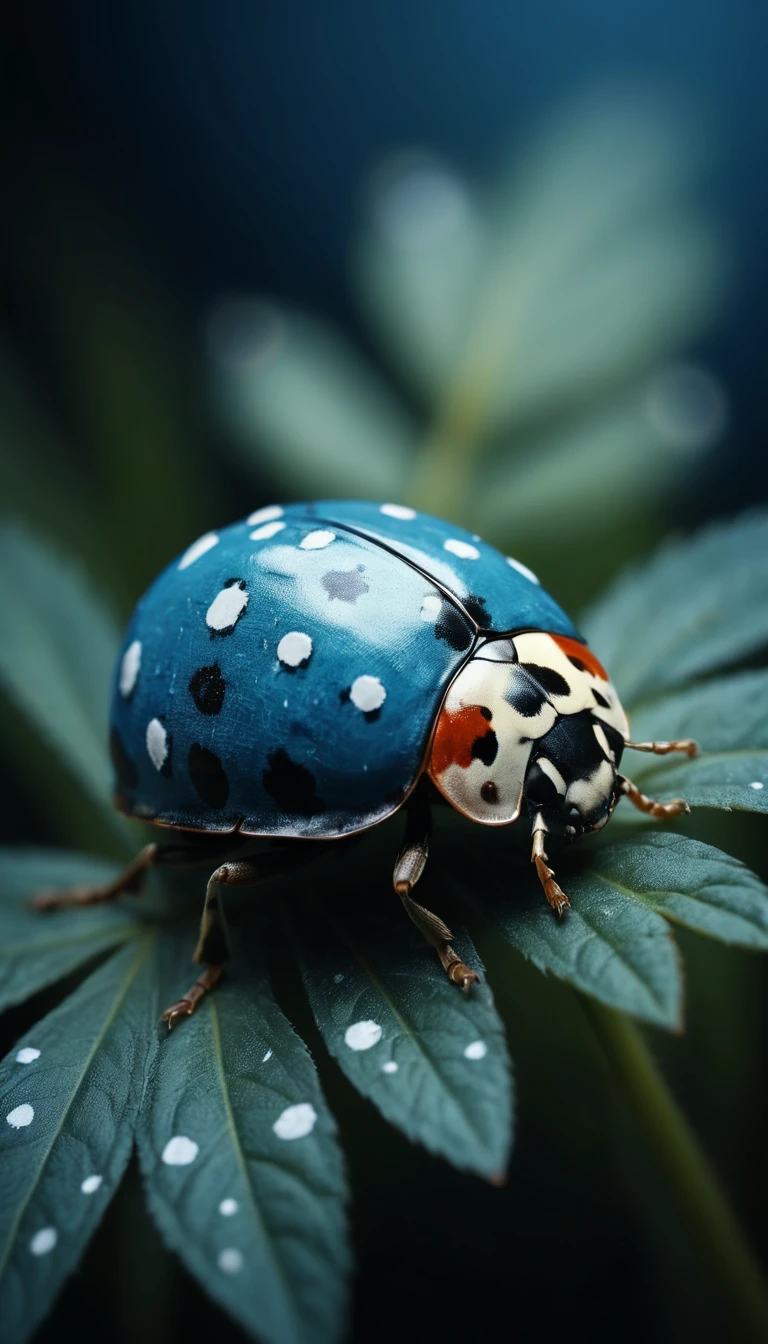 Photorealistic collage of a blue ladybug with white dots