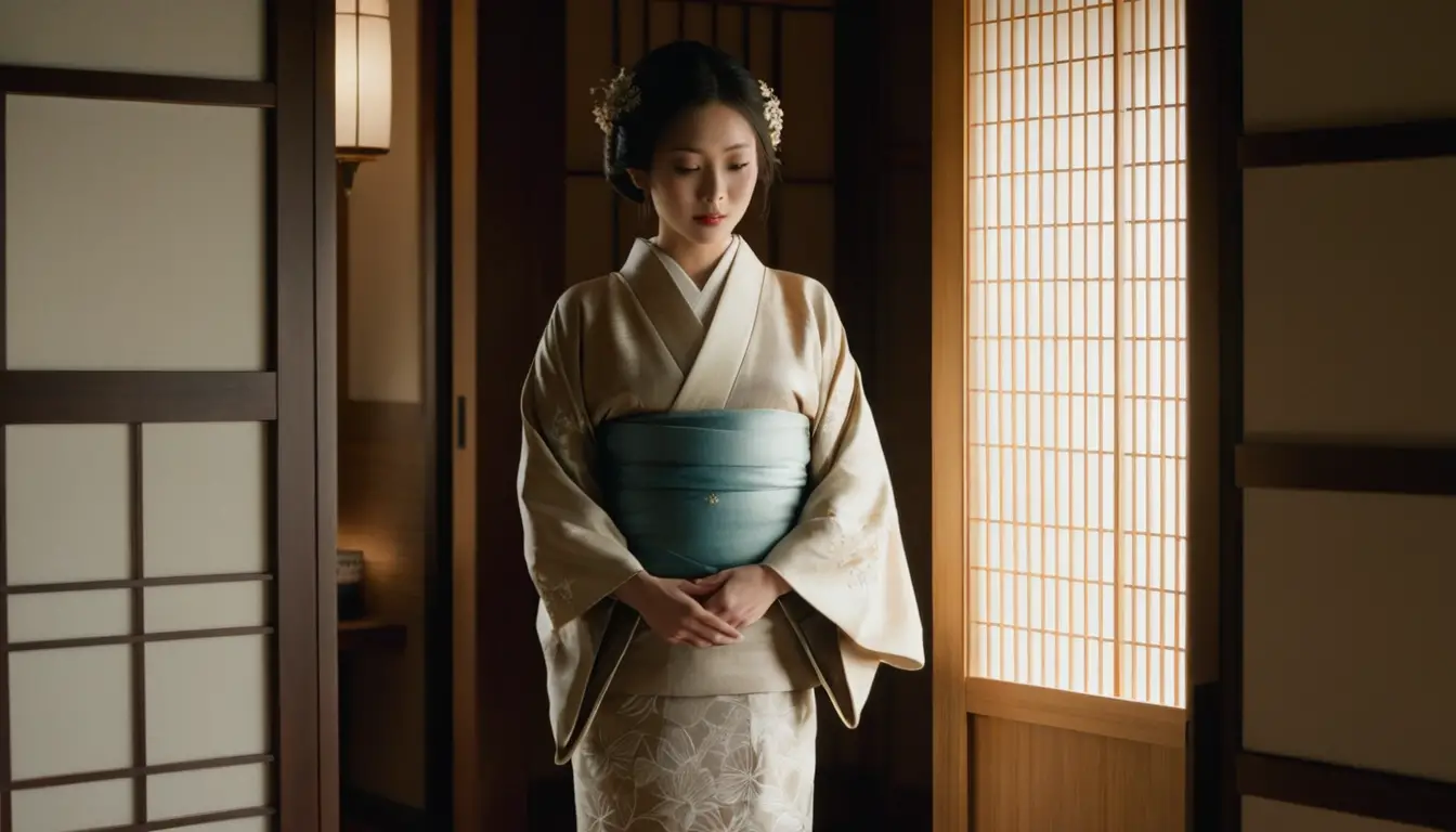 Woman in kimono holding envelope in a dim japanese entryway