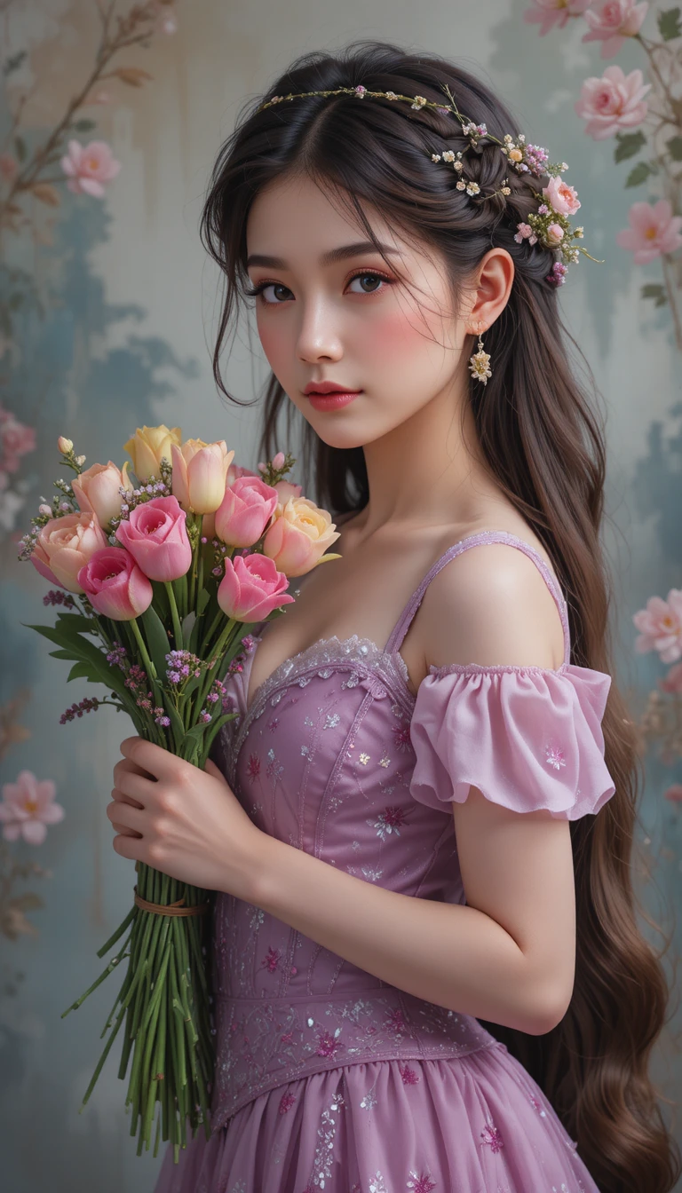 Beautiful brunette girl holding tulips and narcissi bouquet