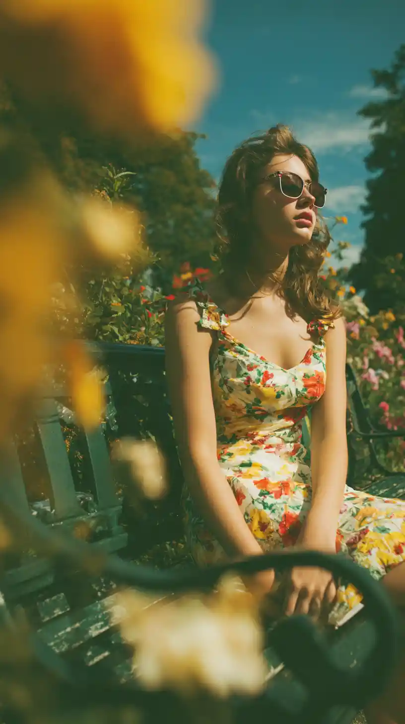 Young woman in floral dress sitting on sunny park bench