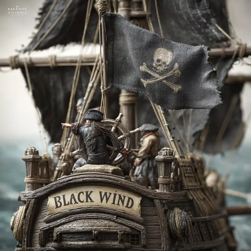 Pirate ship with black sails and captain at the wheel