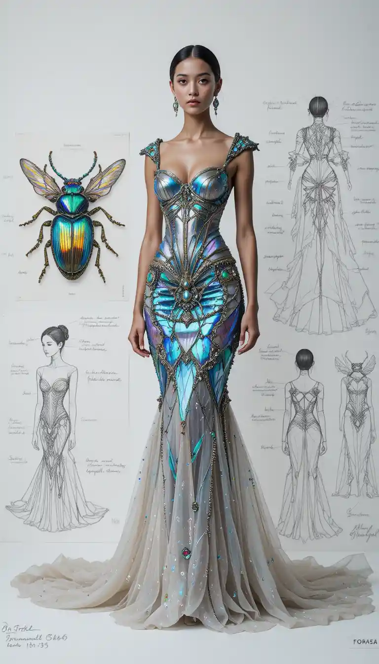 Couture mermaid gown inspired by iridescent jeweled beetle