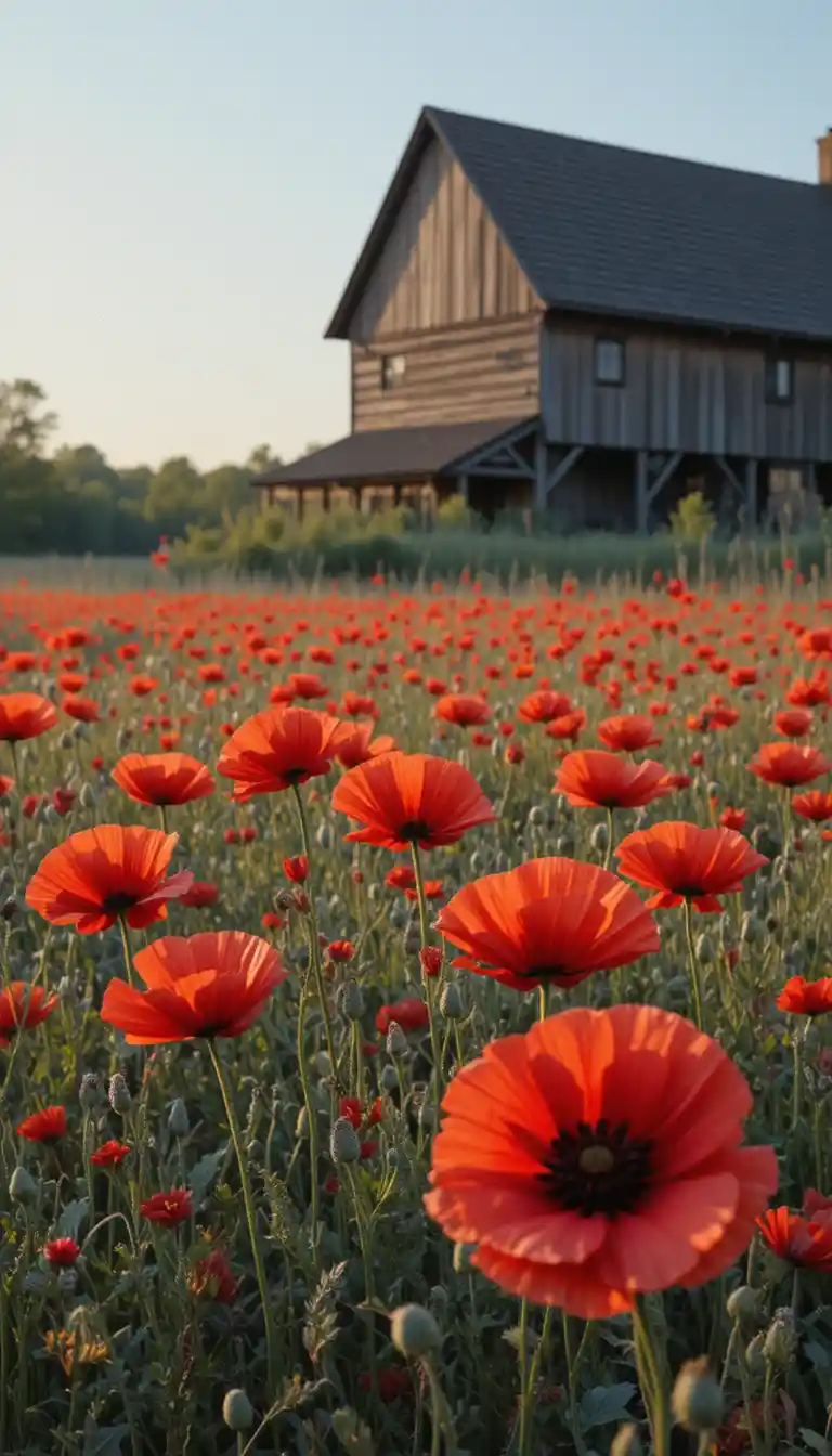 Embroidered red poppies near an old wooden countryside mill