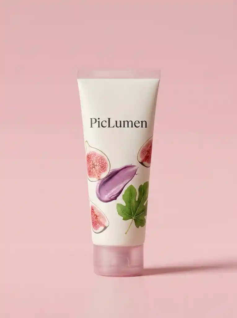 Tube de soin minimaliste avec illustration de figue sur fond rose