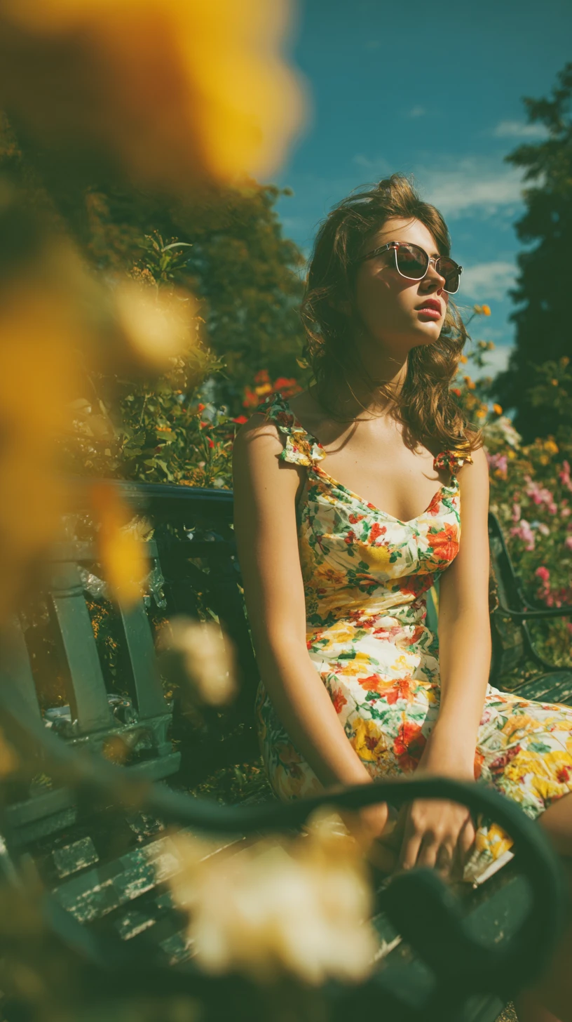 Young woman in floral dress sitting on sunny park bench