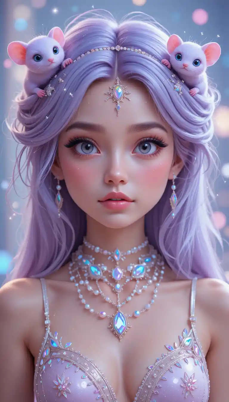 Pastel haired magical girl with cute fantasy creatures