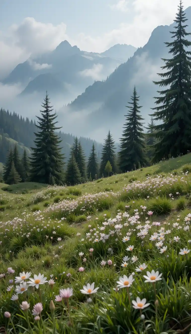 Misty spring mountain landscape with grass and wildflowers