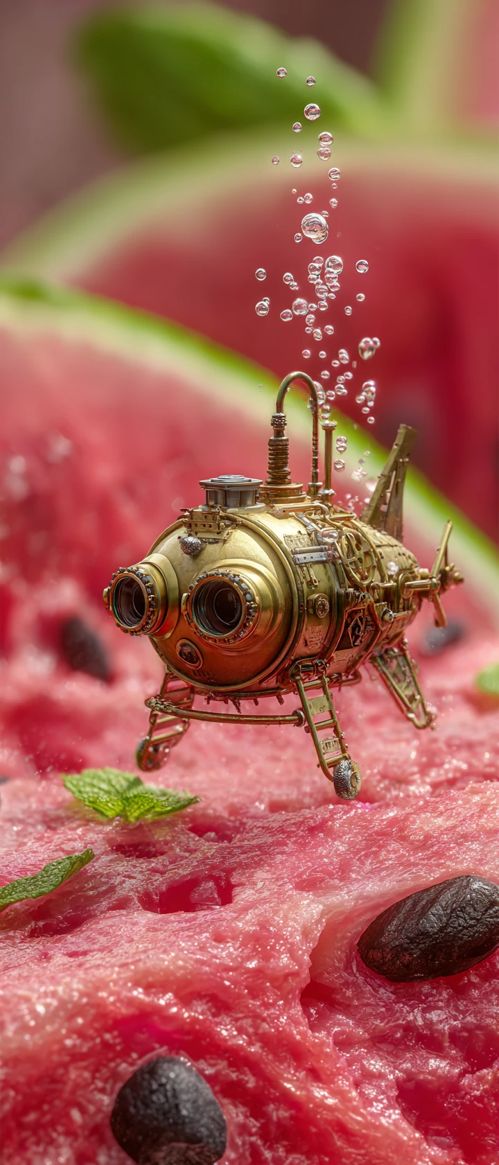 Tiny brass submarine exploring underwater canyons in watermelon