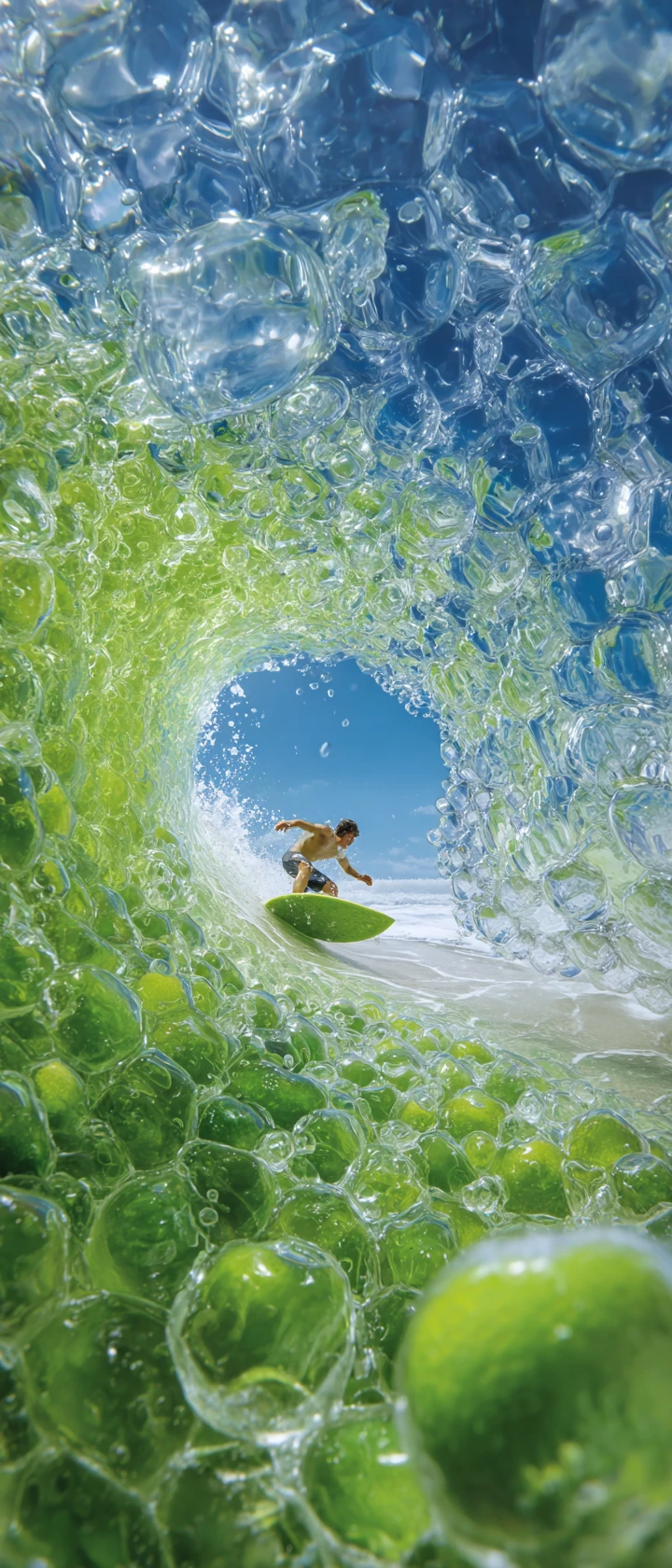 Tiny Surfer Riding A Watermelon Board Inside Lime Wave