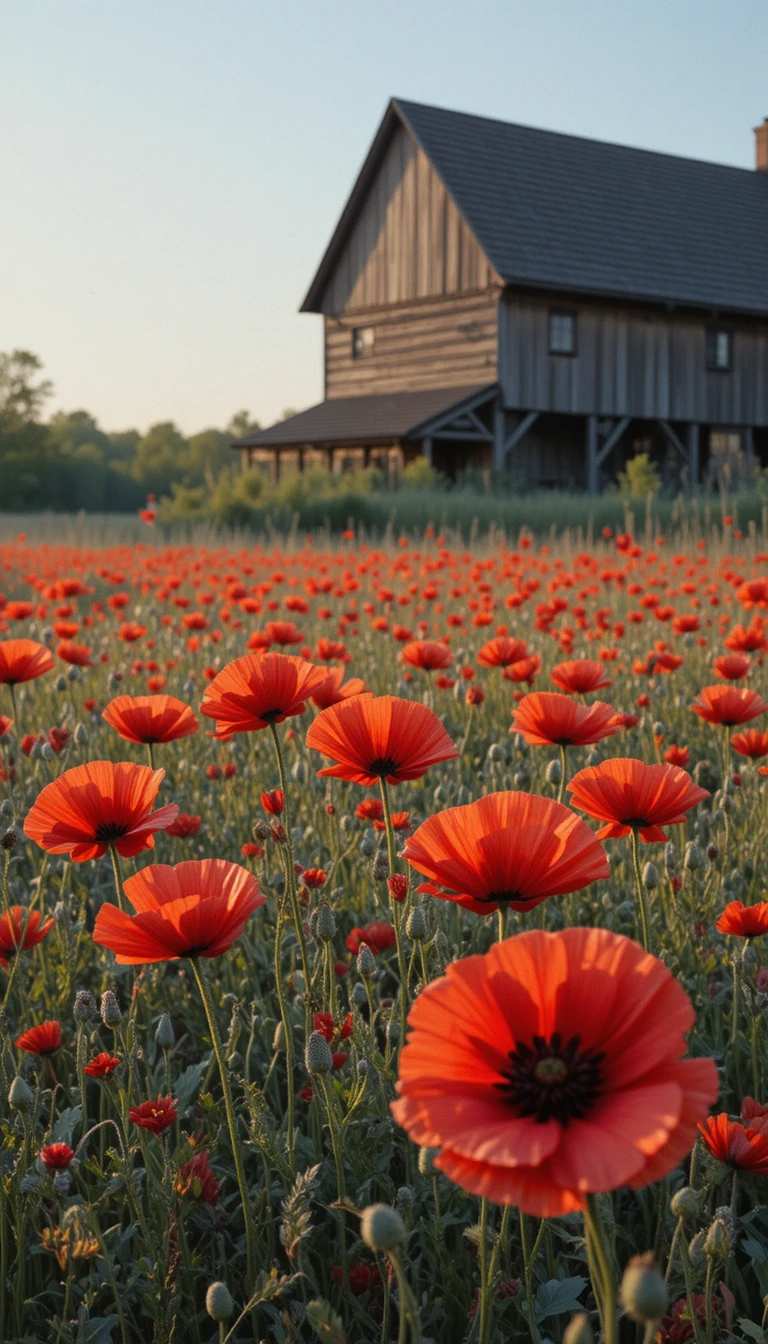 Embroidered red poppies near an old wooden countryside mill