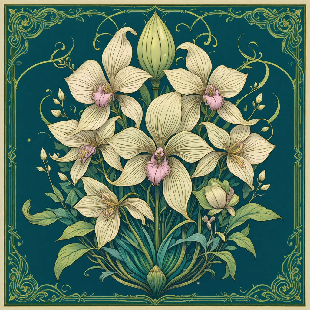 Art Nouveau orchids entwined with flowing botanical lines