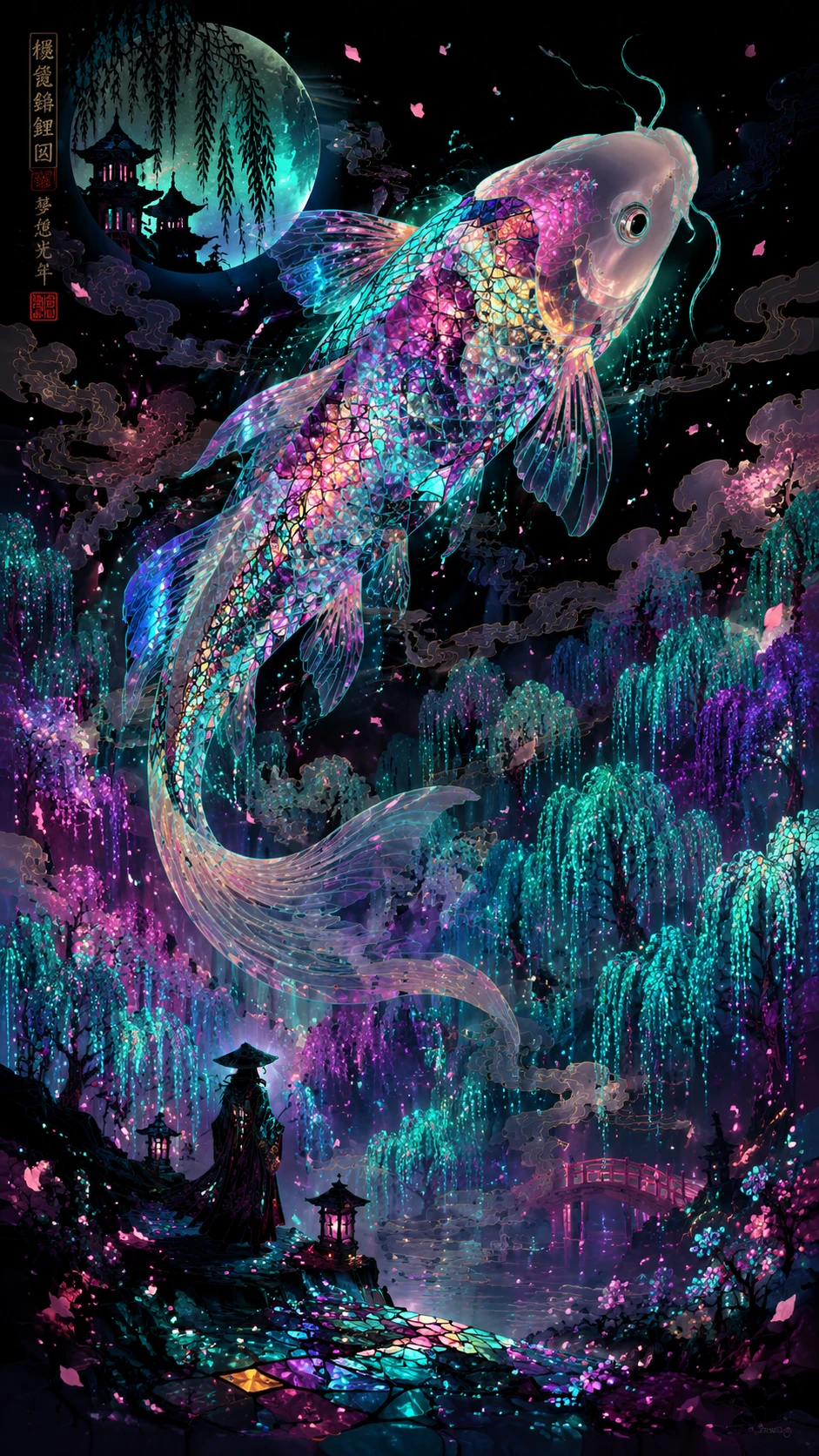 Giant translucent koi drifting above a glowing neon forest