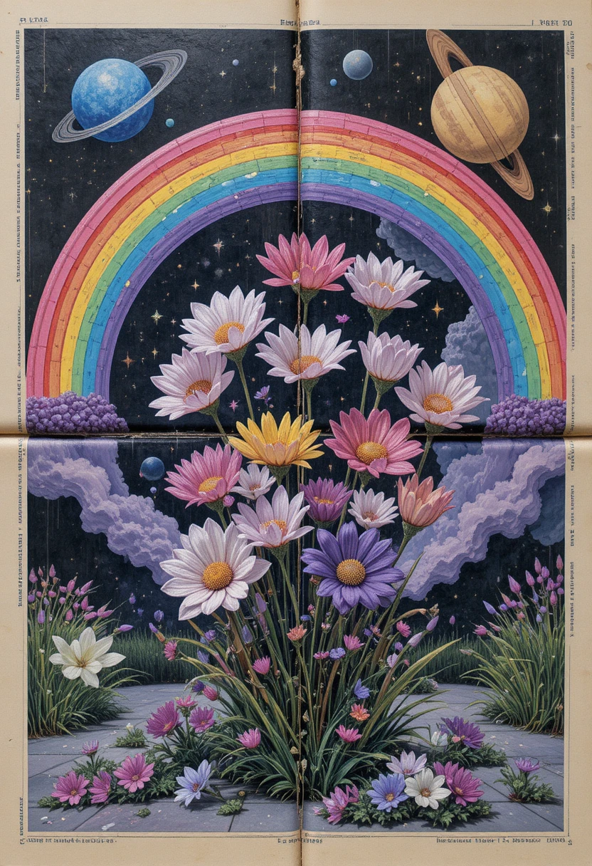 Newspaper collage still life with flowers and saturn