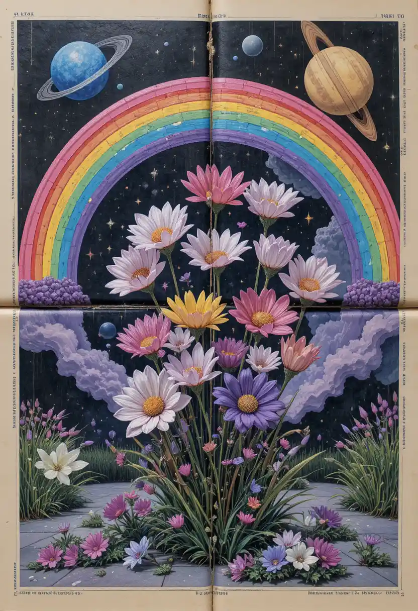 Collage di giornali natura morta con fiori e Saturno