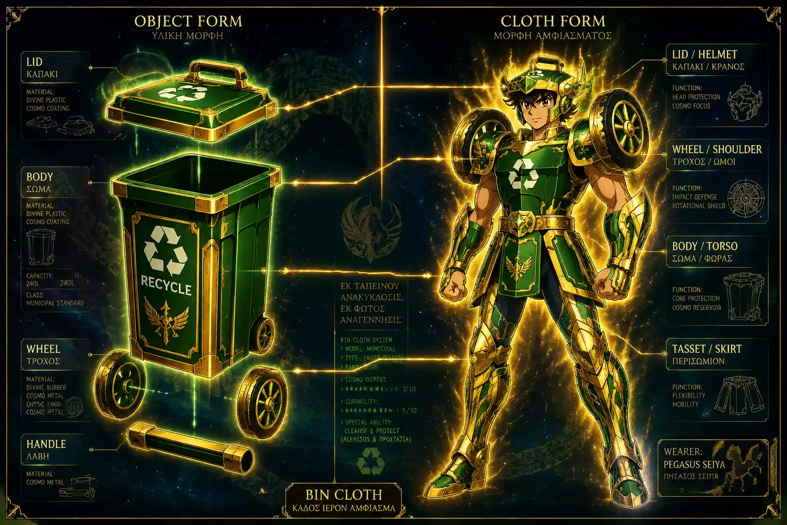 Saint Seiya style bin cloth warrior with split schematic layout