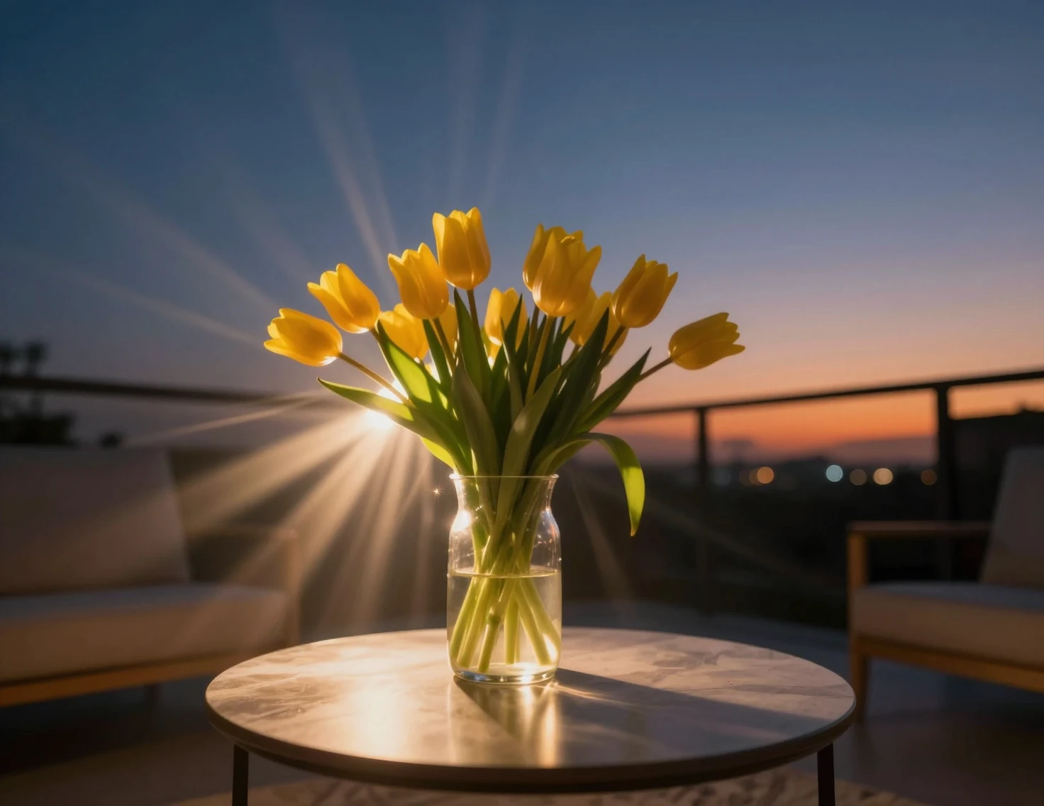 Yellow tulips on a table under dramatic twilight sky