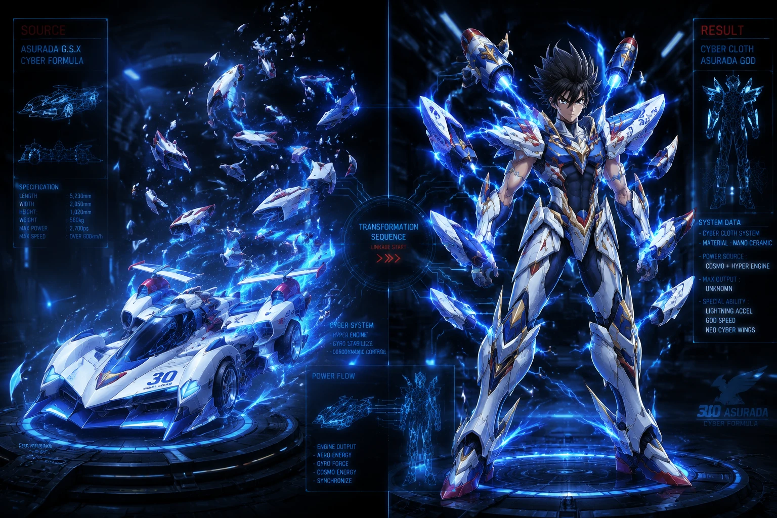 Cyber racer transforming into armored anime hero in hangar