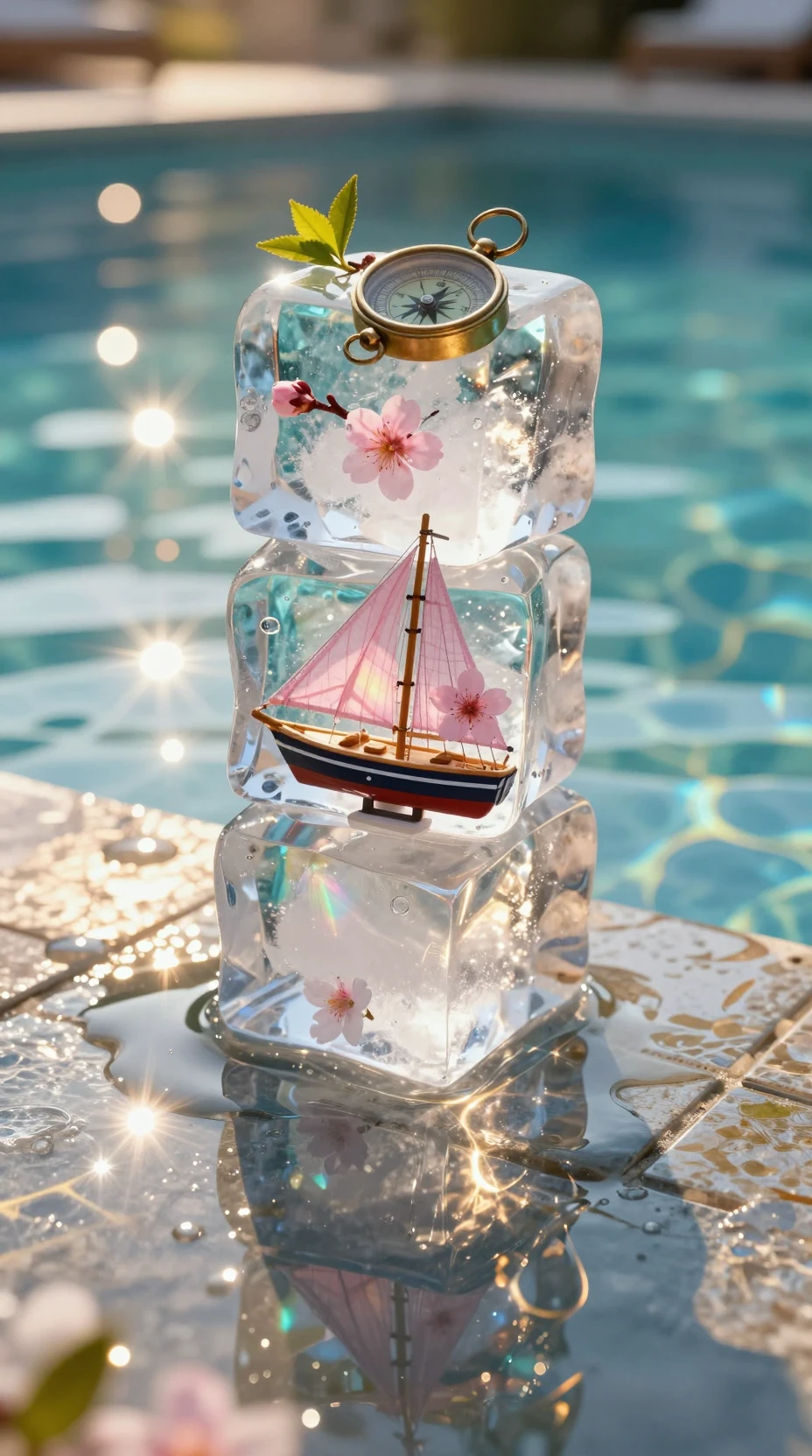 Macro ice cubes with toy sailboat in golden pool light
