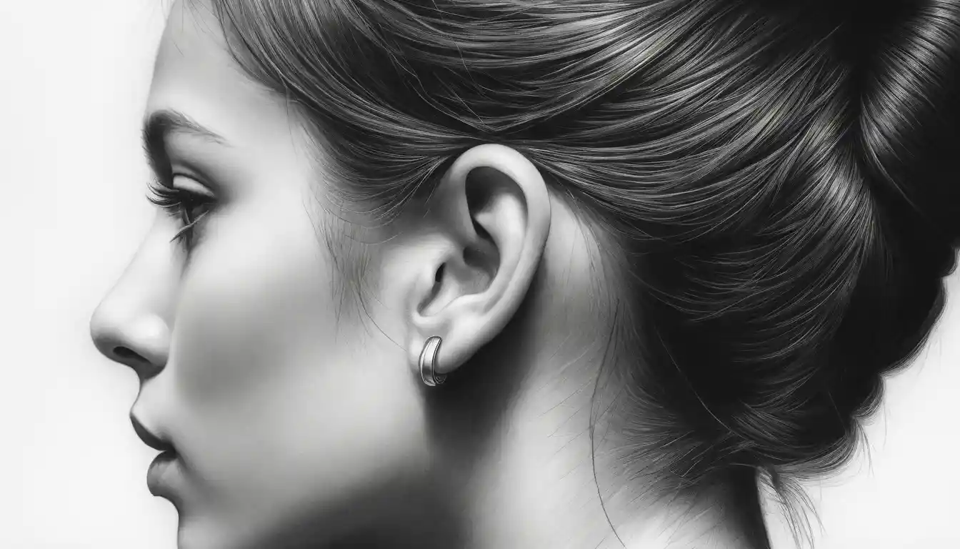Macro graphite drawing of a human ear in deep quiet