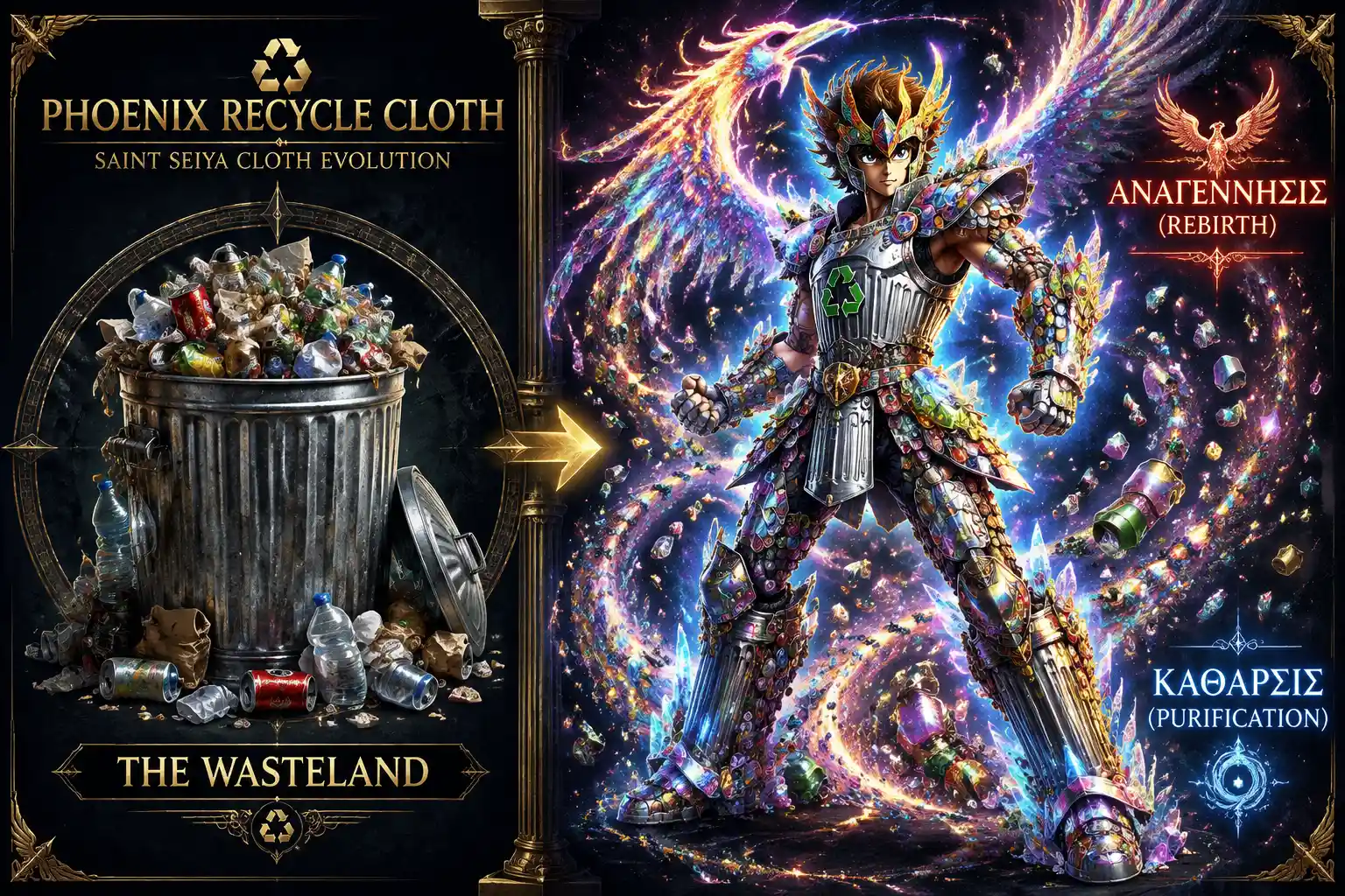 Cosmic warrior rising from overflowing city trash can