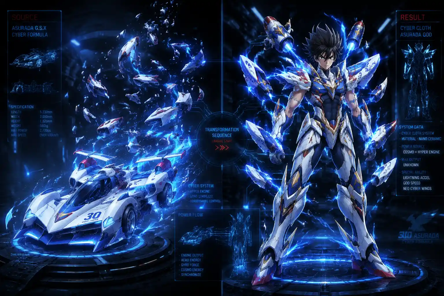 Cyber racer transforming into armored anime hero in hangar
