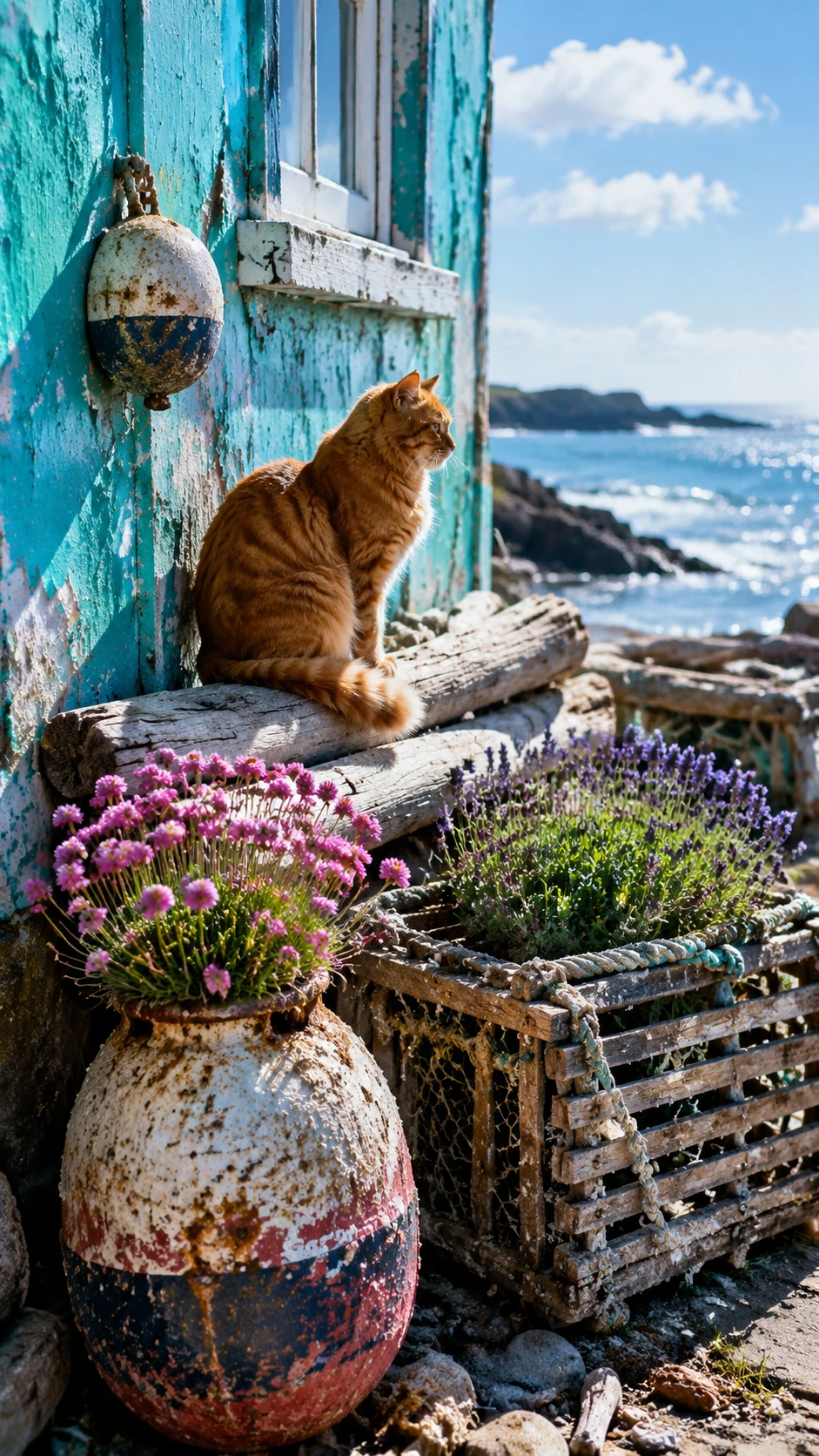 Ginger cat resting by turquoise seaside cottage planters